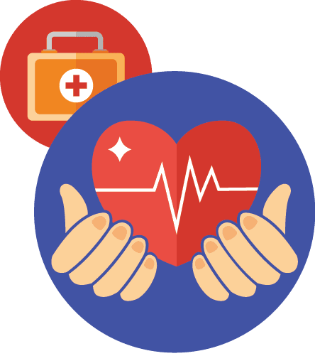 Illustration of hands holding a heart with a heartbeat line